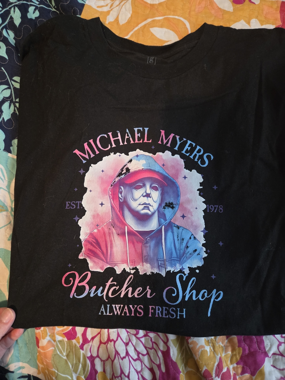 George Black Graphic Tee with Pink and Blue Horror Portrait